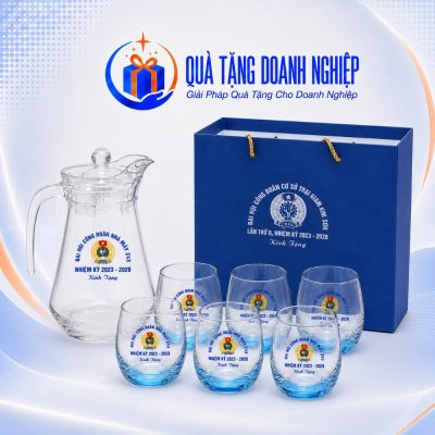 Bộ Bình 6 Cốc Thủy Tinh Đáy Xanh Quà Tặng Doanh Nghiệp In Logo