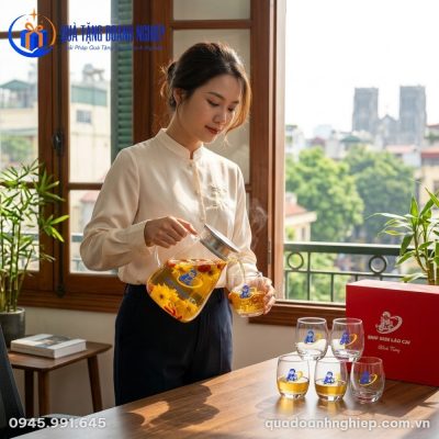 Bộ Bình Cốc Thủy Tinh Quà Tặng Doanh Nghiệp In Logo