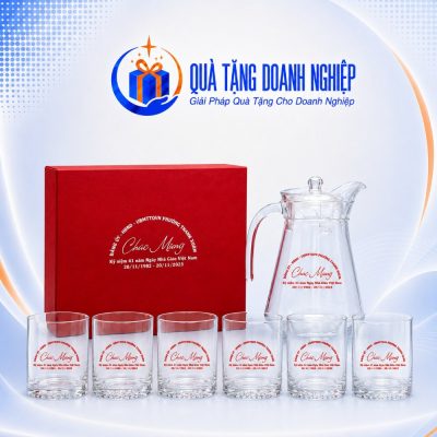 Bộ Bình Cốc Thủy Tinh Quà Tặng Doanh Nghiệp In Logo Kỷ Niệm 41 Năm Nhà Giáo Việt Nam