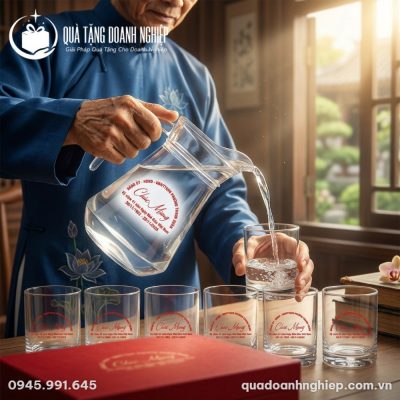 Bộ Bình Cốc Thủy Tinh Quà Tặng Doanh Nghiệp In Logo Kỷ Niệm 41 Năm Nhà Giáo Việt Nam