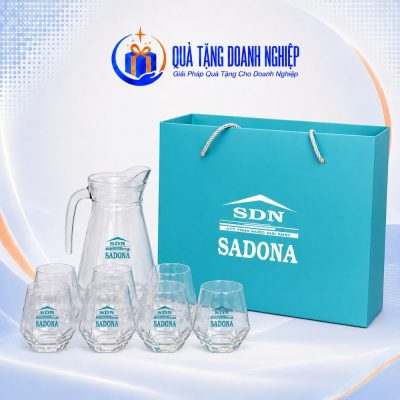 Bộ Bình Ly Thủy Tinh Kim Cương Quà Tặng Doanh Nghiệp In Logo Sadona