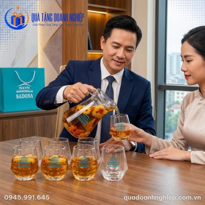 Bộ Bình Ly Thủy Tinh Kim Cương Quà Tặng Doanh Nghiệp In Logo Sadona