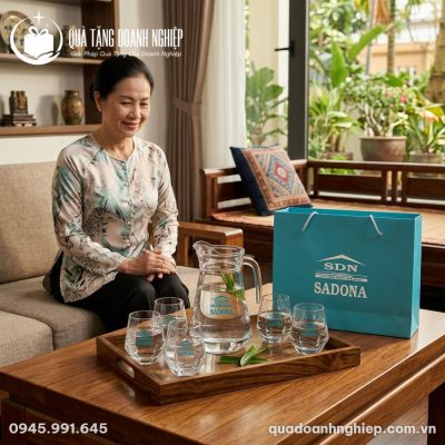 Bộ Bình Ly Thủy Tinh Kim Cương Quà Tặng Doanh Nghiệp In Logo Sadona