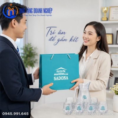 Bộ Bình Ly Thủy Tinh Kim Cương Quà Tặng Doanh Nghiệp In Logo Sadona