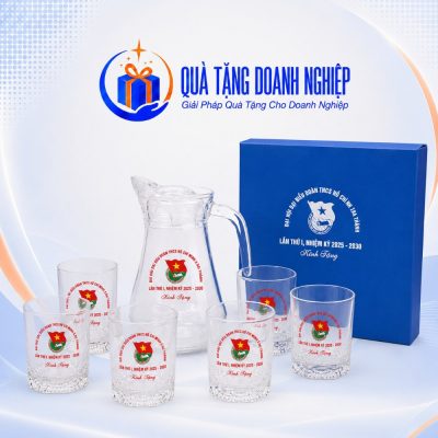 Bộ Bình Nước Và 6 Cốc Thủy Tinh In Logo Đại Hộp Quà Tặng Doanh Nghiệp