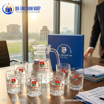 Bộ Bình Nước Và 6 Cốc Thủy Tinh In Logo Đại Hộp Quà Tặng Doanh Nghiệp