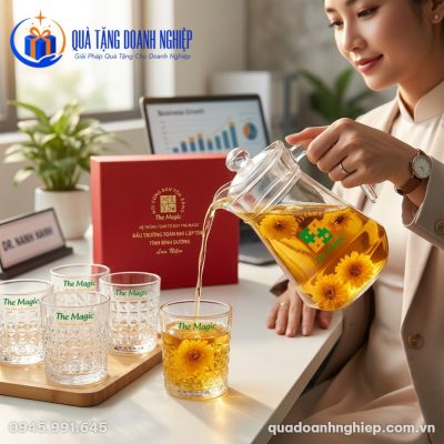 Bộ Bình Nước Và 6 Cốc Thủy Tinh Khía Vân Kim Cương Quà Tặng Doanh Nghiệp In Logo