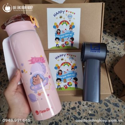 Bộ Giftset Quà Tặng Doanh Nghiệp Bình Giữ Nhiệt & Quạt Mini In Logo