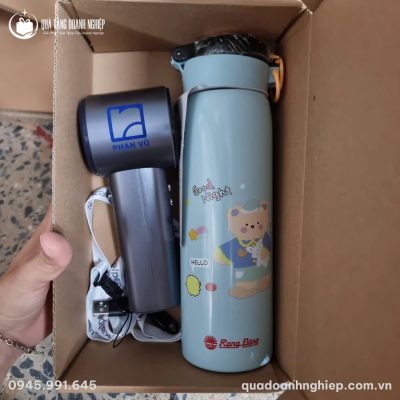 Bộ Giftset Quà Tặng Doanh Nghiệp Bình Giữ Nhiệt & Quạt Mini In Logo