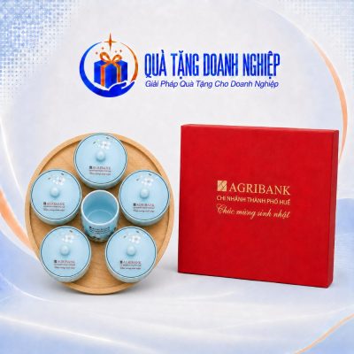 Bộ Khay Mứt Sứ Màu Xanh Ngọc Kèm Ly Trà In Logo Quà Tặng Doanh Nghiệp