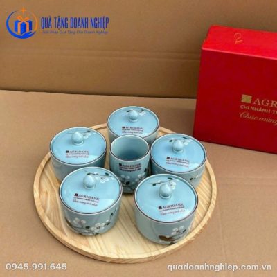 Bộ Khay Mứt Sứ Màu Xanh Ngọc Kèm Ly Trà In Logo Quà Tặng Doanh Nghiệp