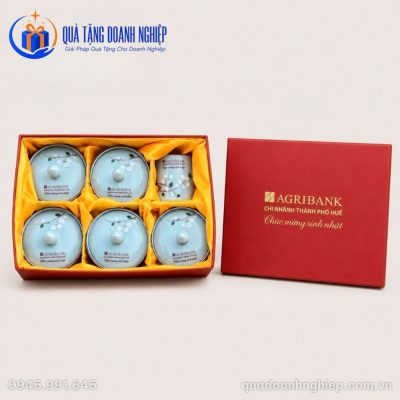 Bộ Khay Mứt Sứ Màu Xanh Ngọc Kèm Ly Trà In Logo Quà Tặng Doanh Nghiệp