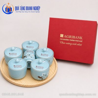 Bộ Khay Mứt Sứ Màu Xanh Ngọc Kèm Ly Trà In Logo Quà Tặng Doanh Nghiệp
