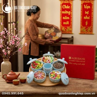Bộ Khay Mứt Sứ Màu Xanh Ngọc Kèm Ly Trà In Logo Quà Tặng Doanh Nghiệp