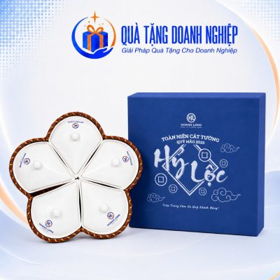 Bộ Khay Mứt Sứ Trắng 5 Cánh Hoa In Logo Quà Tặng Doanh Nghiệp
