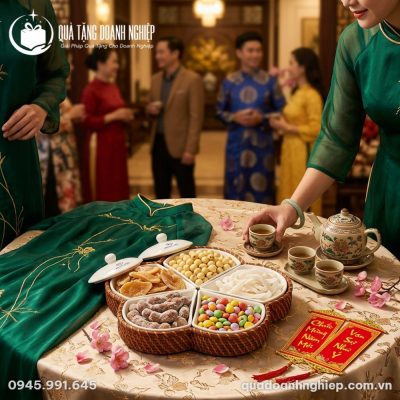 Bộ Khay Mứt Sứ Trắng 5 Cánh Hoa In Logo Quà Tặng Doanh Nghiệp