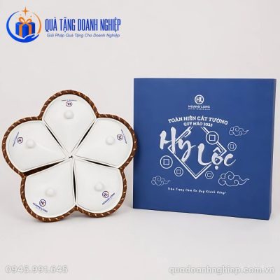 Bộ Khay Mứt Sứ Trắng 5 Cánh Hoa In Logo Quà Tặng Doanh Nghiệp