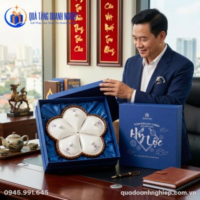Bộ Khay Mứt Sứ Trắng 5 Cánh Hoa In Logo Quà Tặng Doanh Nghiệp