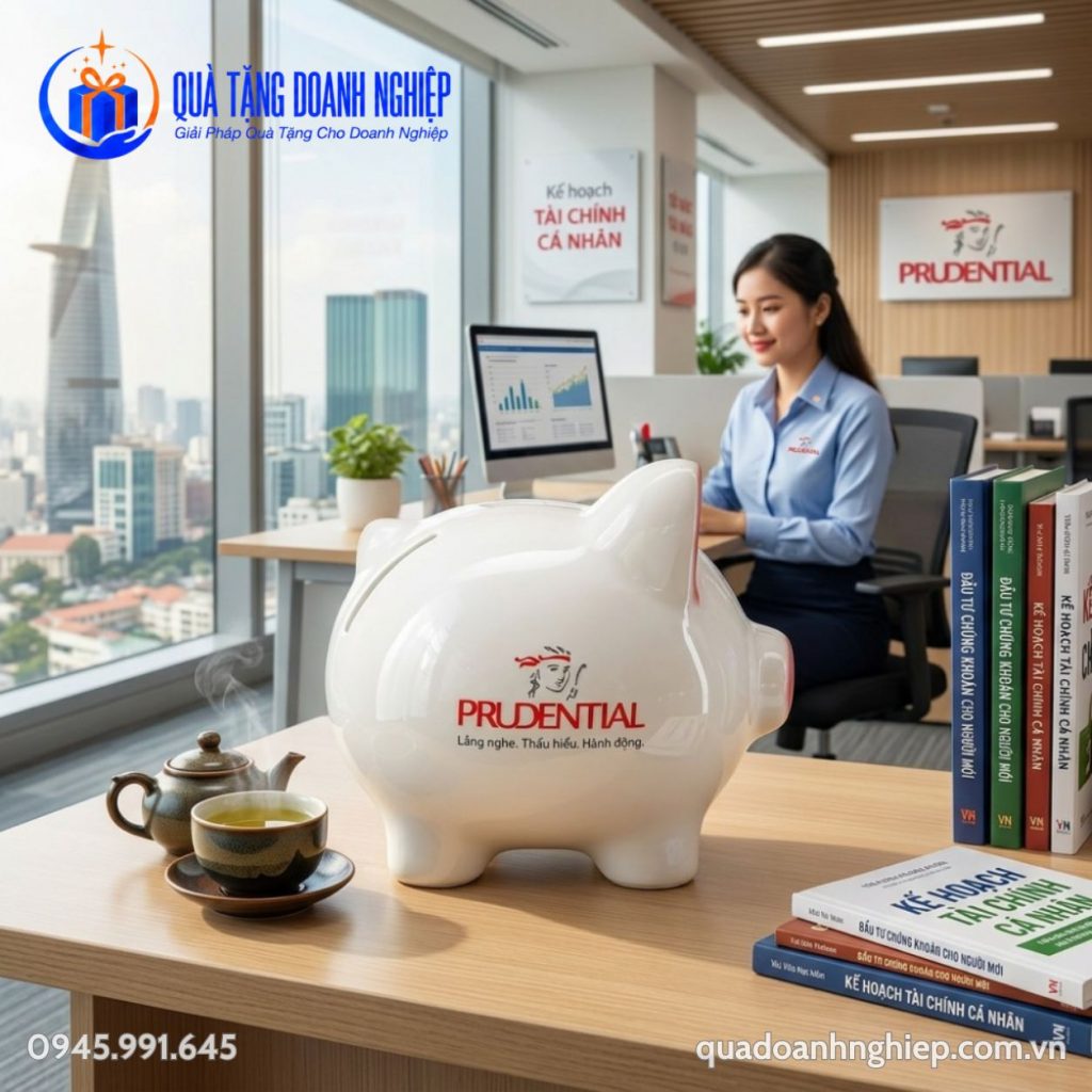 Heo Đất Gốm Sứ Bát Tràng In Logo prudential Quà Tặng Doanh Nghiệp