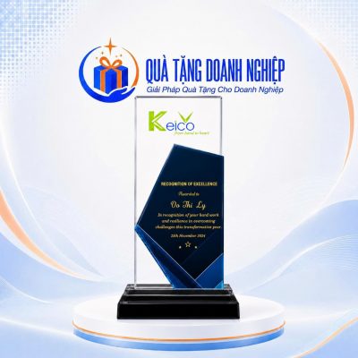 Kỷ Niệm Chương Pha Lê Phối Xanh Dương In Logo Quà Tặng Doanh Nghiệp