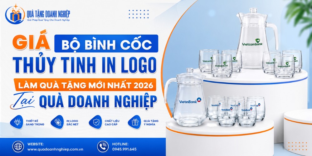 Giá bộ bình cốc thủy tinh in logo quà tặng