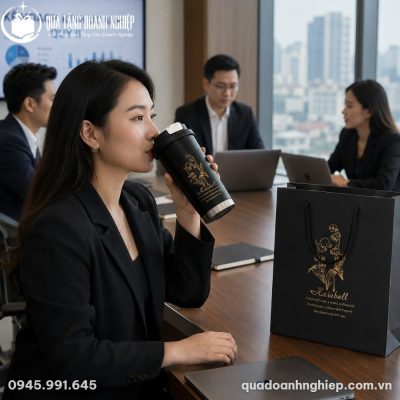 Nữ nhân viên văn phòng sử dụng cốc giữ nhiệt Flower 500ml đồng bộ cùng túi giấy quà tặng sang trọng trong phòng họp
