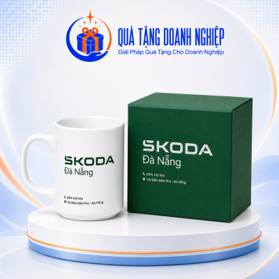 Tách espresso sứ Bát Tràng in logo skoda Dáng trụ quai C CS-05