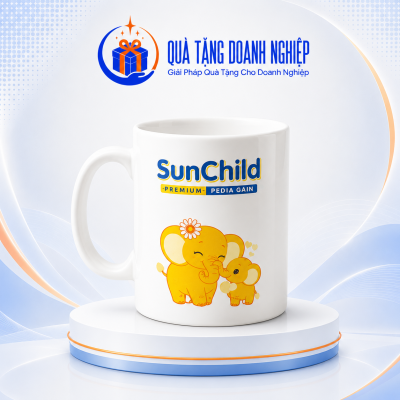 Cốc sứ trắng Bát Tràng in logo sunchild dáng trụ quai C CS-07