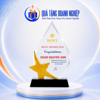 Cúp kỷ niệm pha lê họa tiết ngôi sao vàng in logo quà tặng KNC-05 - Ảnh đại diện