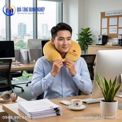 Gối Chữ U Vải Nhung Màu Vàng In Logo Quà Tặng Doanh Nghiệp