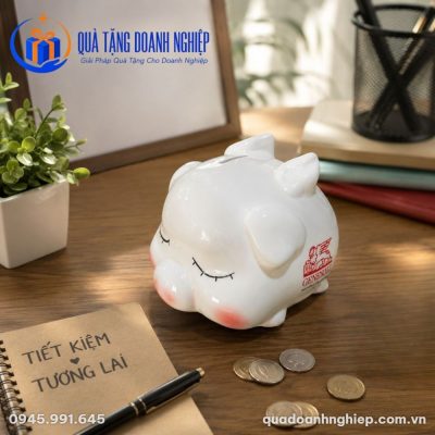 Heo Đất Tiết Kiệm Sứ Trắng Vẽ Mặt Ngủ Quà Tặng Doanh Nghiệp In Logo