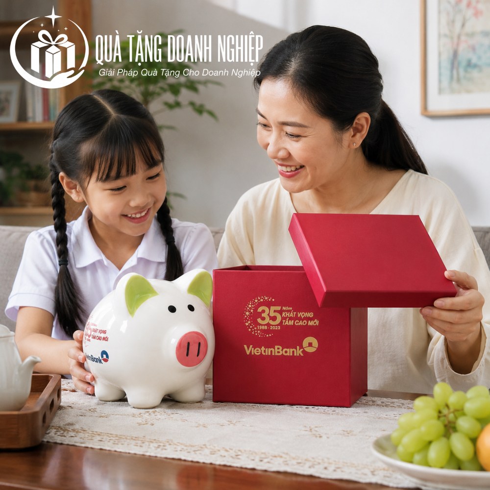 Logo thương hiệu in rõ nét trên thân heo đất tiết kiệm