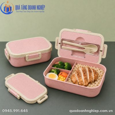 Hộp cơm giữ nhiệt chất liệu nhựa sinh học lúa mạch màu hồng pastel nhẹ nhàng đi kèm muỗng và nĩa tiện lợi