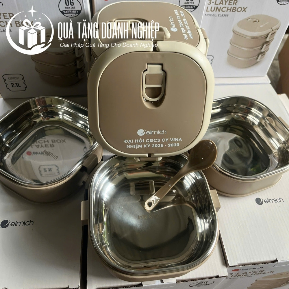 Hộp đựng cơm inox bọc nhựa in logo làm quà tặng