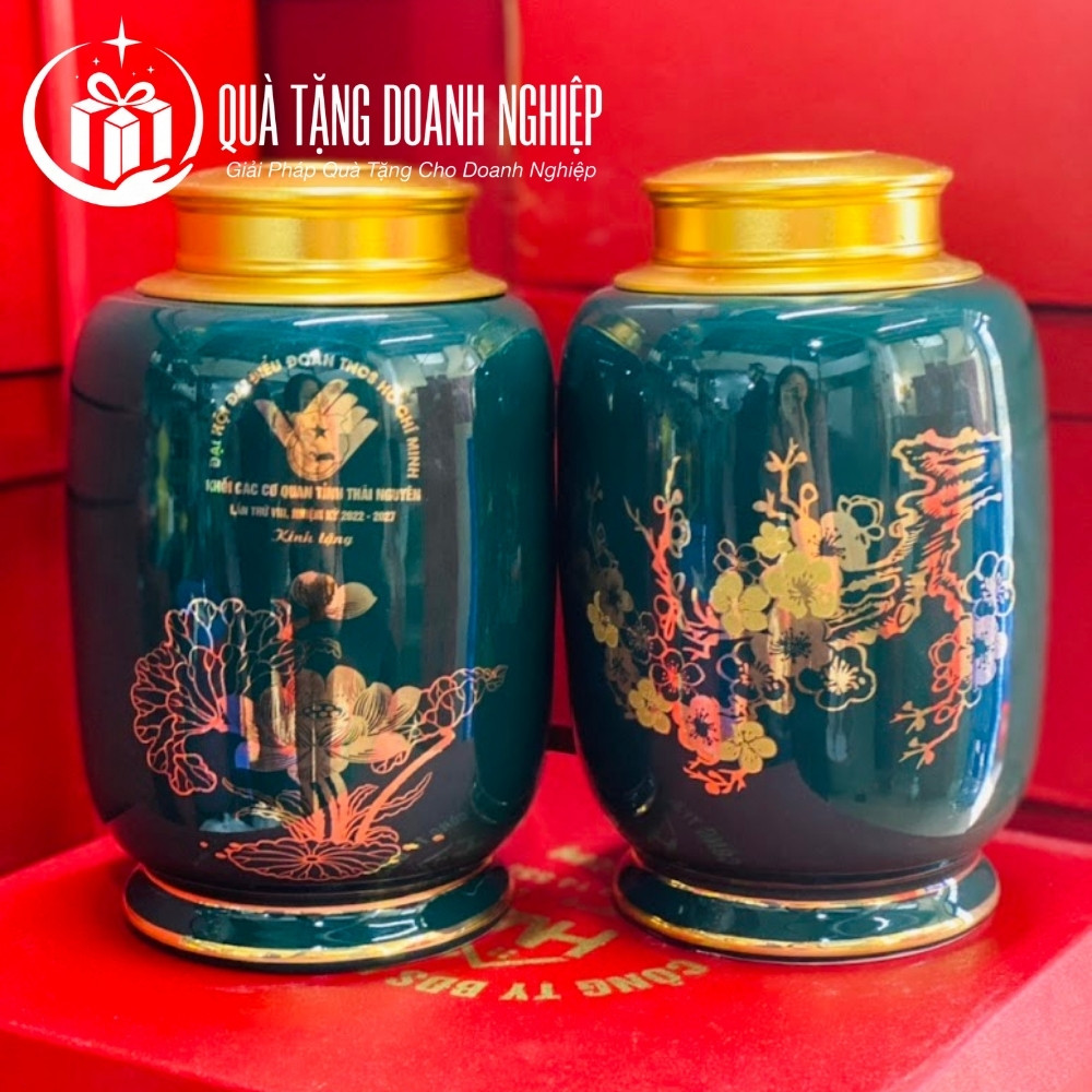 Hũ đựng trà gốm sứ in logo