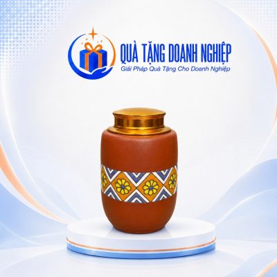 Hũ Đựng Trà Gốm Đất Đỏ Họa Tiết Thổ Cẩm In Logo Quà Tặng Doanh Nghiệp