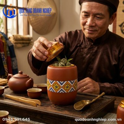 Hũ Đựng Trà Gốm Đất Đỏ Họa Tiết Thổ Cẩm In Logo Quà Tặng Doanh Nghiệp
