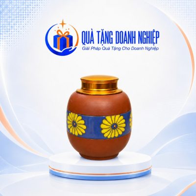 Hũ Đựng Trà Gốm Họa Tiết Hoa Cúc In Logo Quà Tặng Doanh Nghiệp