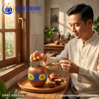 Hũ Đựng Trà Gốm Họa Tiết Hoa Cúc In Logo Quà Tặng Doanh Nghiệp
