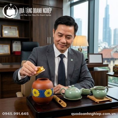 Hũ Đựng Trà Gốm Họa Tiết Hoa Cúc In Logo Quà Tặng Doanh Nghiệp