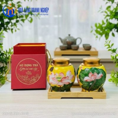 Hũ Đựng Trà Gốm Sứ Hoa Sen In Logo Quà Tặng Doanh Nghiệp