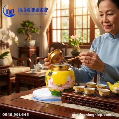 Hũ Đựng Trà Gốm Sứ Hoa Sen In Logo Quà Tặng Doanh Nghiệp