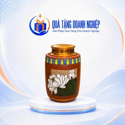 Hũ Đựng Trà Gốm Sứ Khắc Nổi Hoa Sen In Logo Quà Tặng Doanh Nghiệp