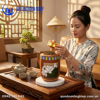 Hũ Đựng Trà Gốm Sứ Khắc Nổi Hoa Sen In Logo Quà Tặng Doanh Nghiệp
