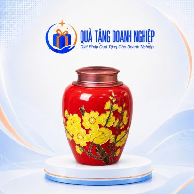 Hũ Đựng Trà Gốm Sứ Men Đỏ In Logo Quà Tặng Doanh Nghiệp