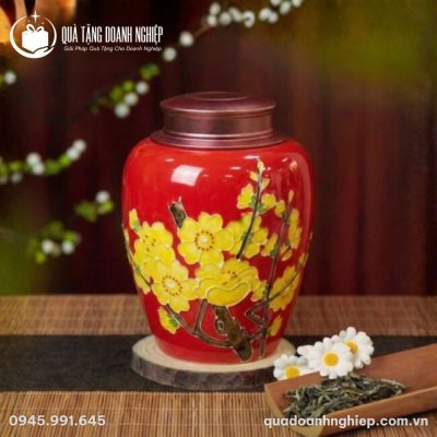 Hũ Đựng Trà Gốm Sứ Men Đỏ In Logo Quà Tặng Doanh Nghiệp
