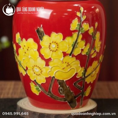 Hũ Đựng Trà Gốm Sứ Men Đỏ In Logo Quà Tặng Doanh Nghiệp