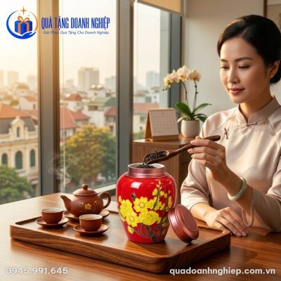 Hũ Đựng Trà Gốm Sứ Men Đỏ In Logo Quà Tặng Doanh Nghiệp