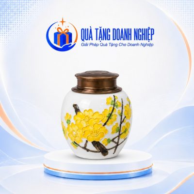 Hũ Đựng Trà Hoa Mai Vàng Nắp Đồng Cổ In Logo Quà Tặng Doanh Nghiệp