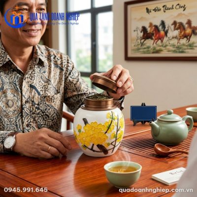 Hũ Đựng Trà Hoa Mai Vàng Nắp Đồng Cổ In Logo Quà Tặng Doanh Nghiệp